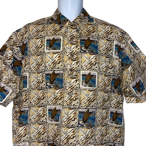 Vtg Hilo Hattie Hawaiian Shirt Mens XL Canoe Sail Beach Vacation Aloha Leaf Tan - Picture 2 of 10